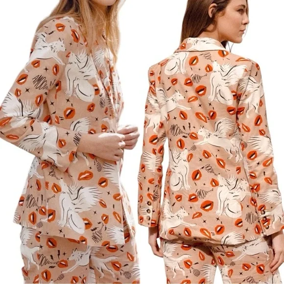 LAS SURENAS Wolf Kisses Lip Amore Print Single Button Linen Loose Fit Blazer - Picture 9 of 16